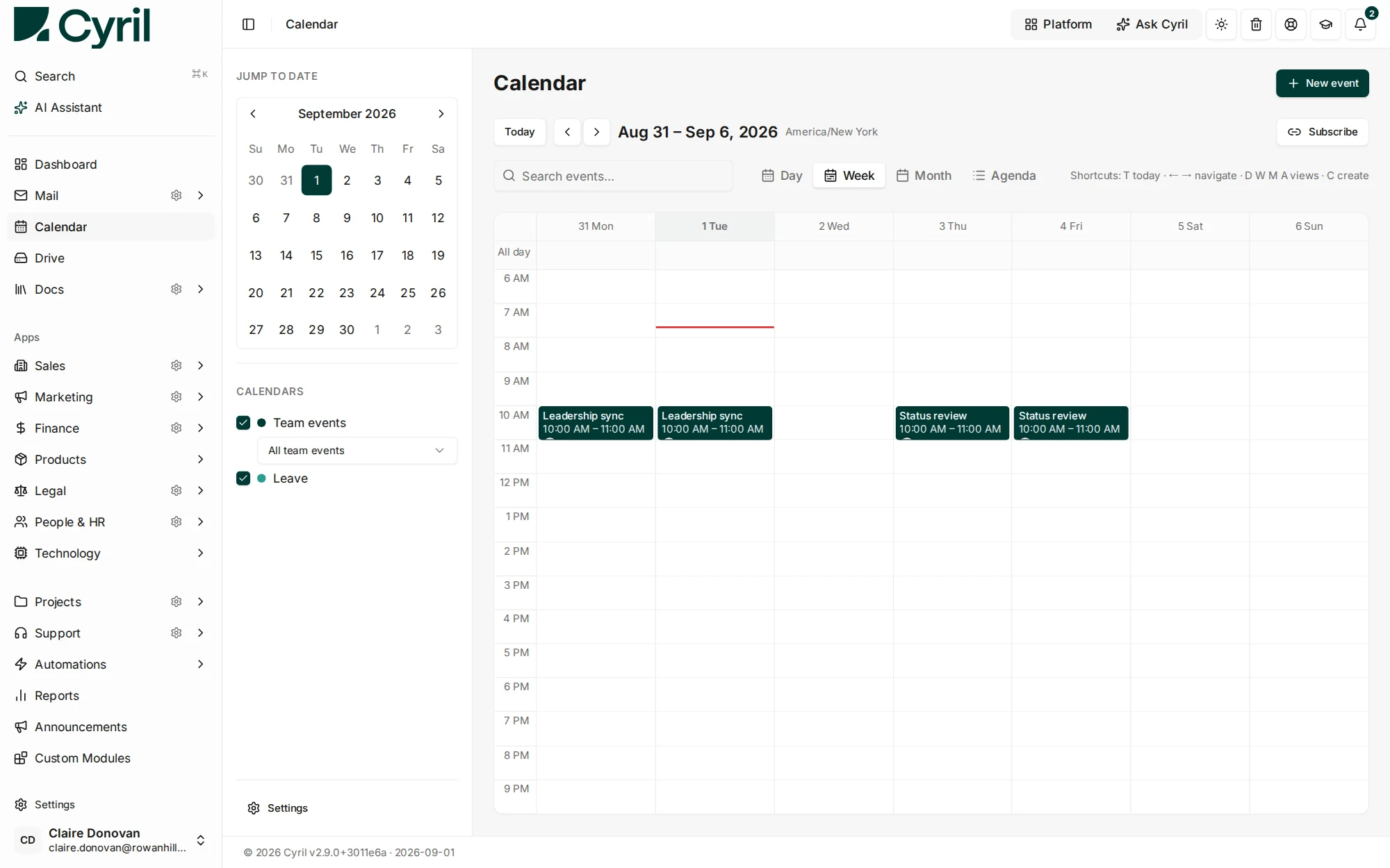 The Cyril calendar in week view, showing team events and leave alongside the rest of the platform.