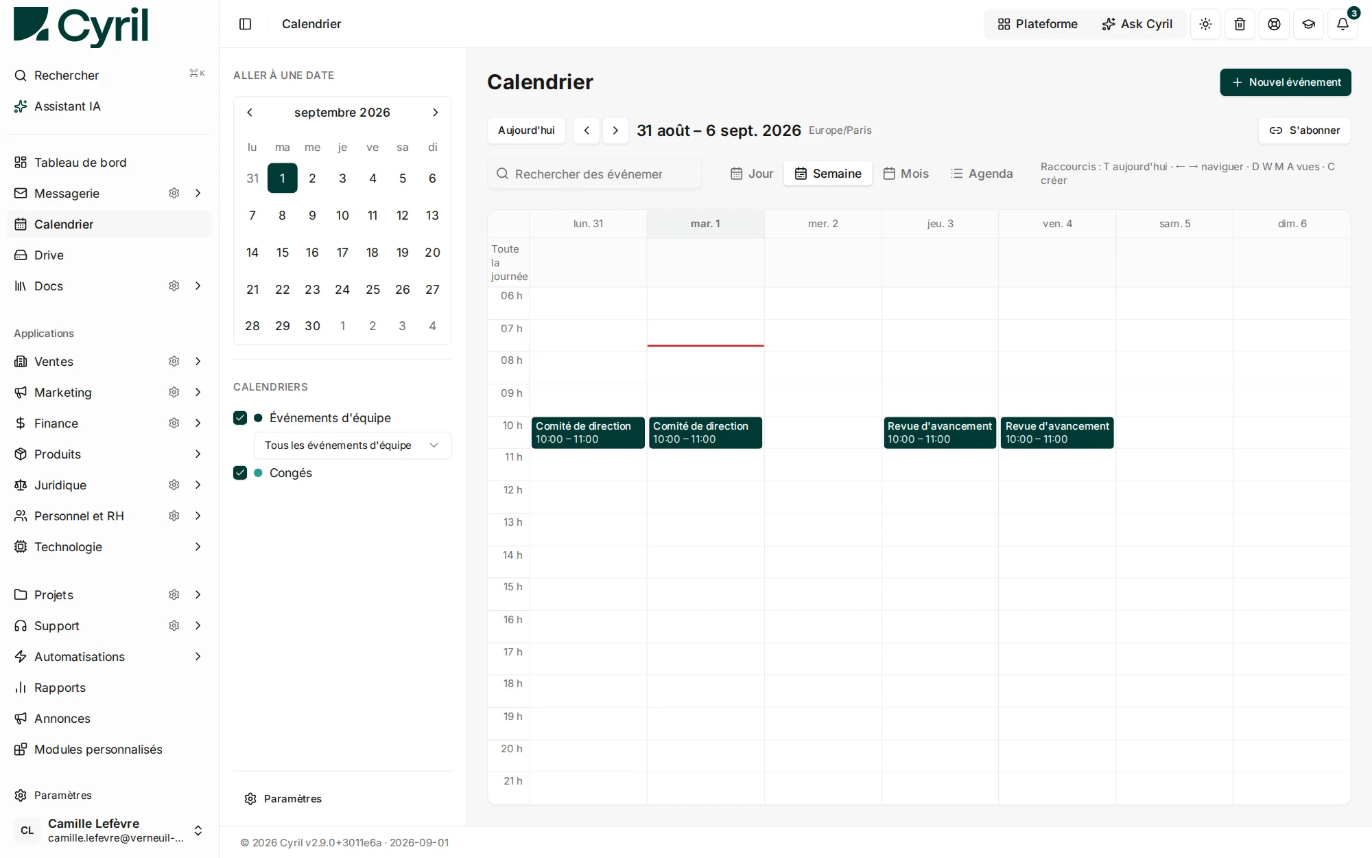 L’agenda Cyril en vue hebdomadaire, avec les événements de l’équipe et les congés aux côtés du reste de la plateforme.
