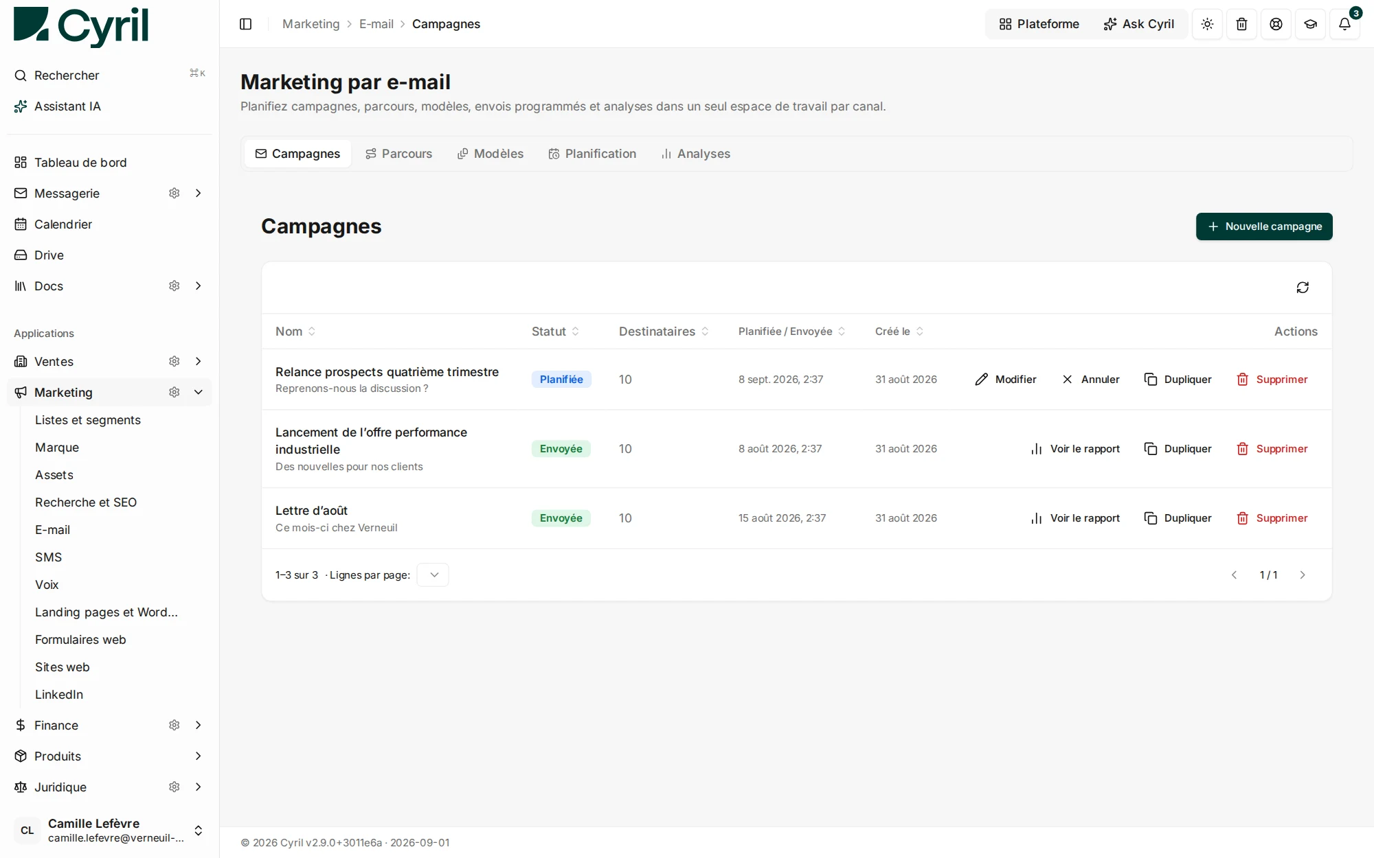L’espace de travail d’emailing dans Cyril, avec les campagnes, leur statut, le nombre de destinataires et les dates d’envoi.