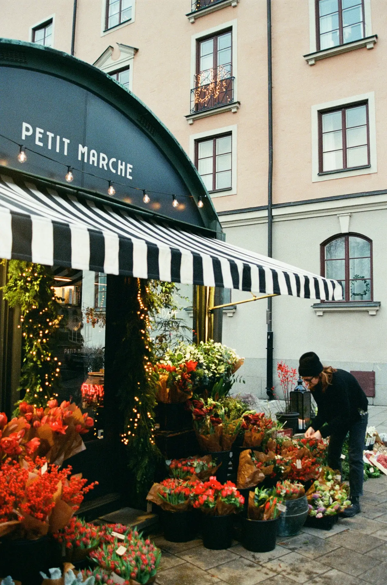 Une fleuriste arrange des tulipes rouges et des amaryllis devant une boutique à l’auvent rayé, sous une guirlande lumineuse